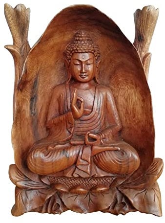 Wogeka - Schöner 30 cm Meditation Buddha in Höhle - Schnitzerei aus Holz als Geschenk-Idee zu Geburtstag Weihnachten zur Wand-Dekoration Feng Shui Handarbeit