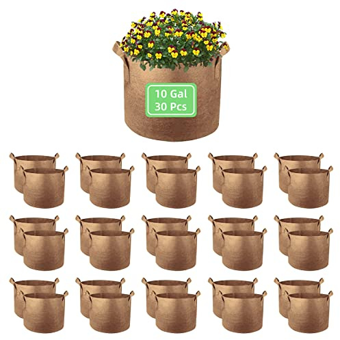 Ohiyoo Pflanztaschen für den Garten, 30 l, Stofftopf, Vlies-Pflanztöpfe, robuste Belüftung, Stofftöpfe mit Griffen, Pflanzgefäße für Gemüse, Blumen, 30 Stück, Braun