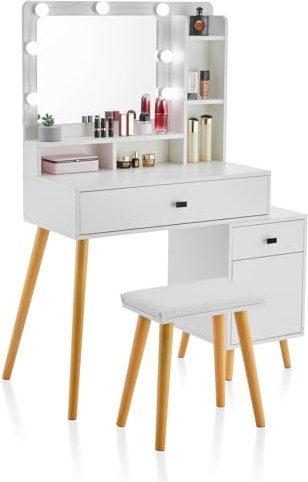 TUKAILAI Schminktisch mit LED-Beleuchtung, Kosmetiktisch mit Großem Spiegel, 3 Farben mit Einstellbarer Helligkeit, Frisiertisch mit 3 Schubladen, Schminktisch Weiß