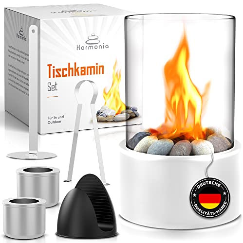 Ethanol Tischkamin für Indoor/Outdoor mit Multi-Brennkammern-System | wärmendes Tischfeuer in schwarz/weiß & Silber- Die Beste Geschenkidee Für Männer und Frauen! |Harmonia (Weiß)