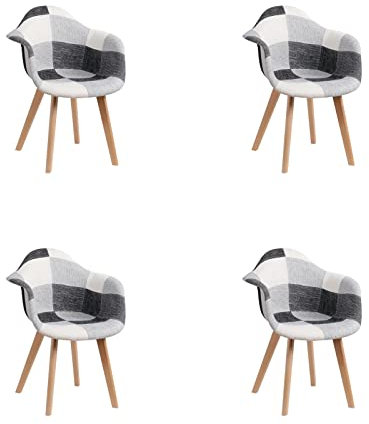 HJhomeheart 4er Esszimmerstühle aus Patchwork-Stoff mit Armlehnen, Moderner Design-Sessel, Skandinavischer Küchenstuhl aus Buchenholz (Schwarz+Weiß+Grau)