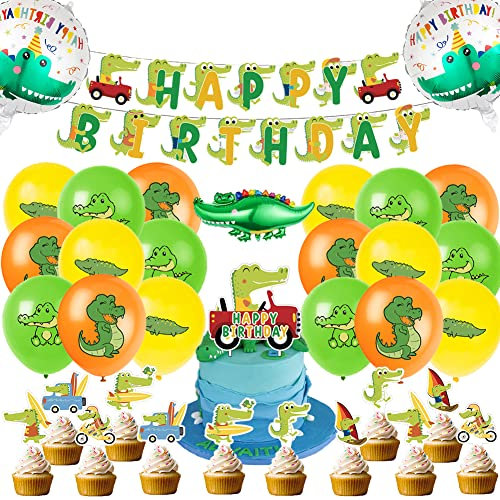 Geburtstag Party Dekoration Set, Kindergeburtstags Partydekoration, 32 PCS Krokodil-Geburtstagsparty Set, TortenaufsäTze und Ballons, Geburtstagsdekorationen für Kinder und Erwachsene
