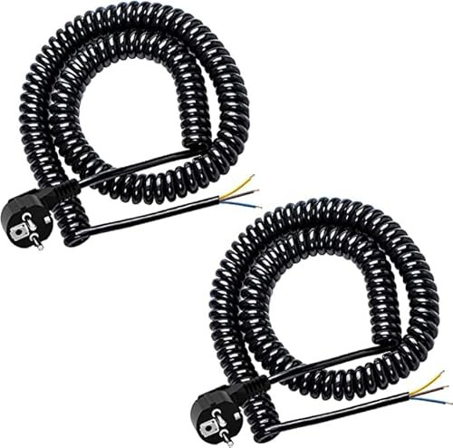 Schutzkontakt-Spiralverlängerung 250V / 16A, KEAGAR Spiralkabel 3-adrig, Dehnbar von 0.75 m bis 2 m, Verlängerungskabel mit Schutzkontaktwickelstecker, IP20 Innenbereich, Schwarz(2er-Pack)