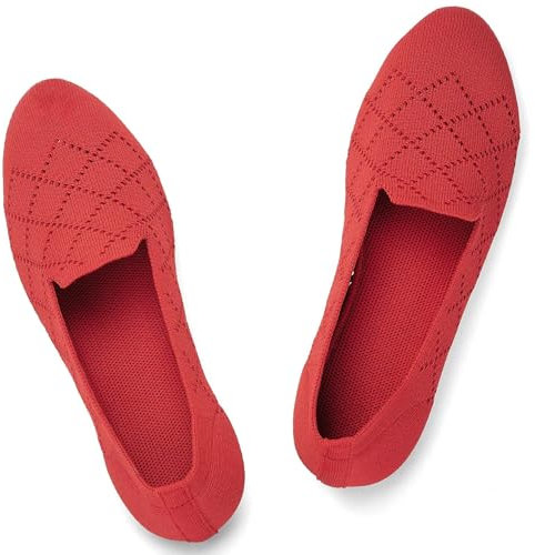Puxowe Damen Ballerina Flache Schuhe Runde Zehe Strick Kleid Schuhe Niedriger Keil Slip On Ballerina Walking Flats für Frauen Bequem 39 EU Red