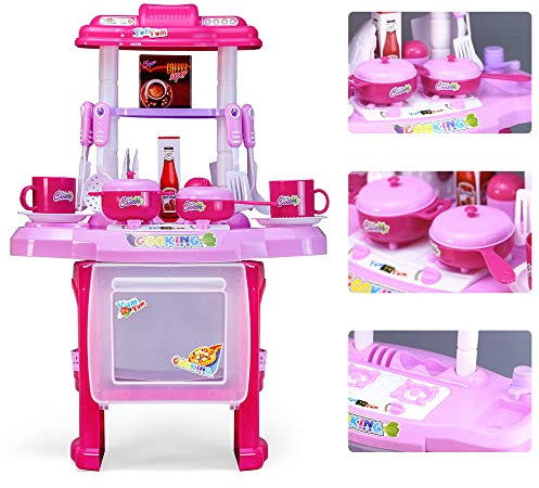EVERGD Set da cucina per giochi di ruolo, piccolo set da cucina con luce e suono, 24 accessori inclusi, ottimo regalo per ragazzi e ragazze (rosa)