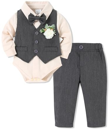 SOLOYEE Baby Jungen Bekleidung Anzug 0-24 Monate Taufbekleidung, Baby Festliche Hochzeit Outfit Langarm Strampler+ Hose + Weste + Fliege + Korsage