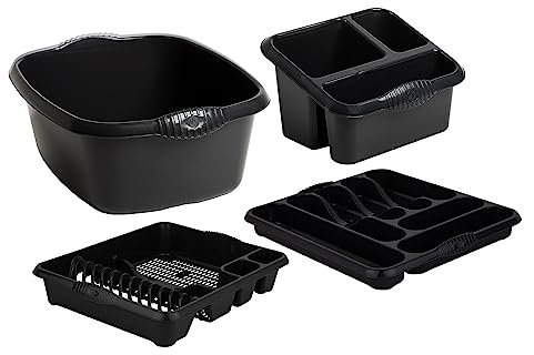 M1SS Midnight Greyish - 4 Piece Casa Plastic Kitchen Set (38cm Rectangular Bowl, Large Cutlery Tray, Large Dish Drainer & Sink Tidy) Perfect for Kitchen Organisation Home and Restaurants