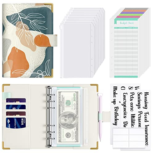 Hnogri Budget Binder with Cash Envelopes, Money Saving Binder, Boho Leaves | Zipper Cash Envelopes for Budgeting, PU Leather Budget Planner Money Organizer for Cash Bills, Floral Budget Wallet for Women
