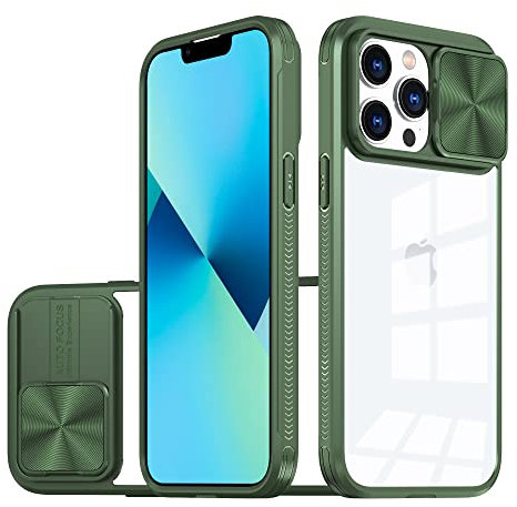 MEIQIBAO Coque pour iPhone 13 Pro Max，Protection Caméra Étui avec Ultra Mince Coulisse Cache Objectif composé d'un Dos en Transparent PC et d'un Cadre en TPU-Vert[Classe énergétique A+++]
