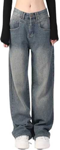ticticlily Y2K Pants Baggy Jeans Damen High Waist Jeanshosen Vintage Straight Leg Gewaschene Mode Denim Hose Weites Bein Gerade Patchwork Lose E-Girl Hosen Streetwear A8 Blau M