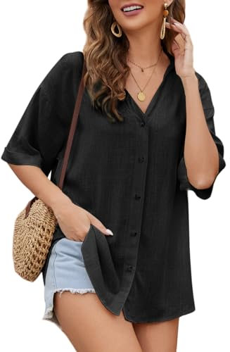 Niwicee Womens Tops Summer Linen Shirts Tops Casual Short Sleeve Blouse T-Shirt V Neck Button Up Shirt Solid Color Tunic Tops(Black,M)
