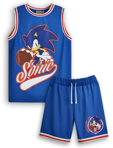Sonic The Hedgehog Jungen Basketball Trikot und Shorts Set | Kinder komplettes zweiteiliges Sport-Outfit in Blau | Kinder-Bundle