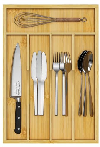 Youpehom Organiseur d'ustensiles en bambou pour tiroirs de cuisine, plateau à ustensiles et porte-couverts, séparateurs de tiroir en bois avec 5 emplacements
