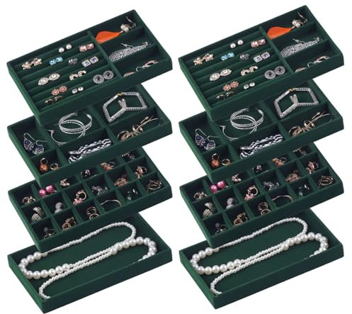 Afnkiom Jewelry Drawer Organizer Trays, Set of 8 Stackable Velvet Jewelry Tray Inserts for Rings, Earrings, Necklaces, Bracelets – Fits Most Dresser/Closet Drawers, Non‑Slip Lined, Green