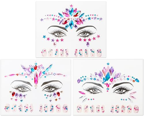 3 Fogli Brillantini Viso Adesivi, Strass Viso Unghie Gemme Adesivi Make Up Trucco per Concerti Festival Feste Musicali Carneval Disco Bar (Colorati)