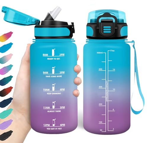 HoneyHolly Trinkflasche 500ml, Auslaufsicher, Wasserflasche BPA-Frei, Motivierende mit Zeitmarkierung, Trinkflasche mit Strohhalm, Trinkflasche Sport für Kinder, Fahrrad, Fitness, Schule, Büro