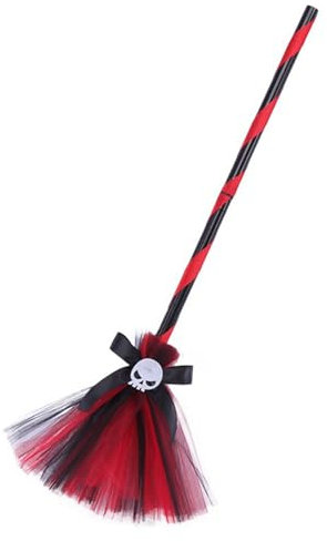HzDazrl Escoba de bruja de Halloween para mujer, cintas, esqueleto, brujas, escobas, cosplay, fiesta, decoración de disfraces para adultos (rojo, S)