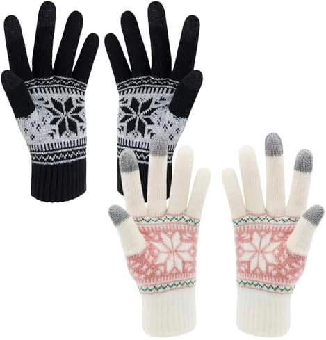 VEGCOO 2 Paar Handschuhe Damen, Fashion Damen Touchscreen Handschuhe, Warme Winterhandschuhe, Handschuhe Herren, Hirschmuster Handschuhe mit Plüschfutter für Skifahren Radfahren und SMS