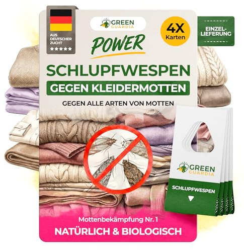 GREEN GUARDIA Schlupfwespen gegen Kleidermotten - 4 Karten à 1 Lieferung - Effektiv Motten bekämpfen/Bio- und Umweltfreundliche Alternative zu Mottenfalle, Mottenspray, Pheromfalle