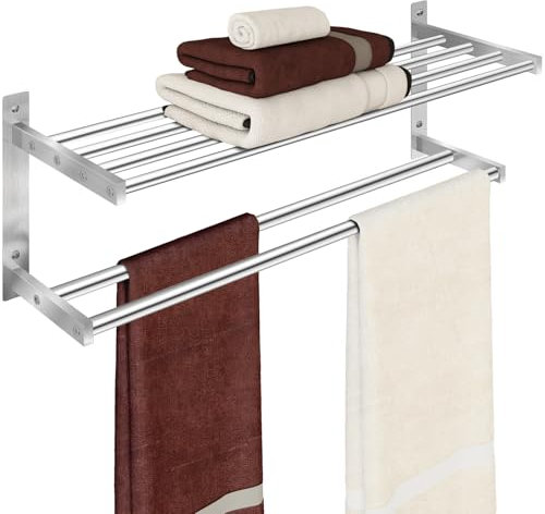 Handtuchhalter für Badezimmer, 61 cm, 2 Reifen, Badezimmer-Regal mit doppelter Handtuchstange, Edelstahl, Wandmontage, Handtuchhalter mit Ablage für Badezimmer, Handtücher, gebürstetes Nickel