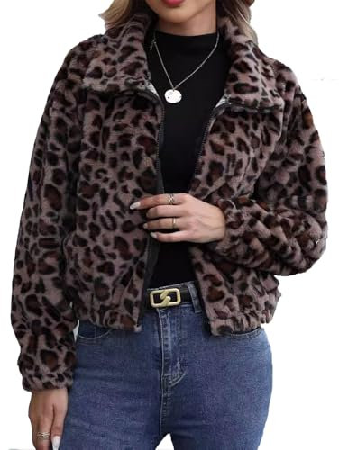 SUIUOI Cappotto leopardato da donna, in pile, caldo, invernale, con tasca, casual, con motivo leopardato, leopardo, S