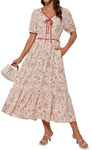 Women Short Sleeve V Neck Floral Dress Midi Dress Summer Dresses A Linie Beige Red Flower M