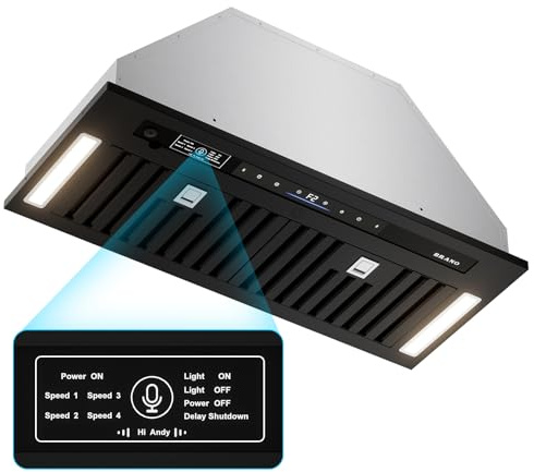 BRANO - 30 900 CFM Range Hood with Voice/Gesture/Touch Control Built-in Cooker Hood with 4 Speed Exhaust Fan, Memory Mode, Adjustable Lights,