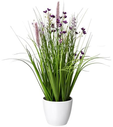CREATIV green künstlicher Blüten-Gras-Mix im Topf 46cm I künstliches Dekogras mit lila Blüten als Frühlingsdeko I Ziergras Osterdeko I hochwertige & dekorative Kunstgräser