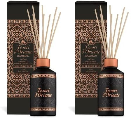 Tesori d'Oriente - Diffusore Hammam, Profumatore per Ambienti con Bastoncini, con Oli Essenziali dalle Note di Gelsomino e Fiori d'Arancio, Deodorante Casa, 200ml (Confezione da 2)
