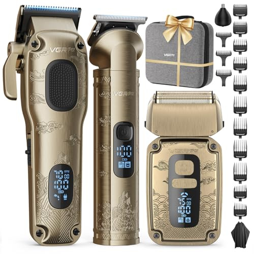 VGRPRO Tagliacapelli Uomo Professionale & Trimmer & Rasoio Uomo,Kit di Cura | Macchinetta per capelli, Rasoio a Lamina impermeabile, 4 velocità,14 pettini, Display LED della Batteria, Uso da Barbiere