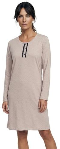 Zeitlos Nachthemd Damen Langarm Marry mit Herzen und Mini-Spitze Knopfleiste M-2XL Schlafshirt, Farbe:Taupe, Größe:L