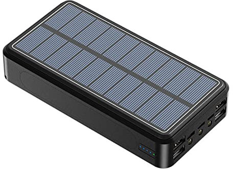Power Bank Solaire Portable 100 000 mAh avec Lampe Torche LED, 4 Sorties et 3 entrées, Batterie Externe sans Fil pour iPhone et Android, Noir