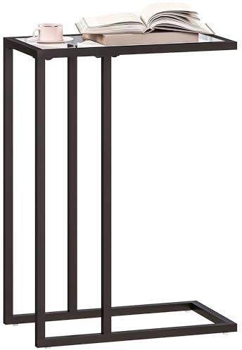 HOMCOM Table d'appoint, Bout de canapé en Forme de C avec Plateau en Verre trempé, Cadre en Acier, Table Basse pour Salon, Chambre, 46 x 25 x 63,5 cm, Noir
