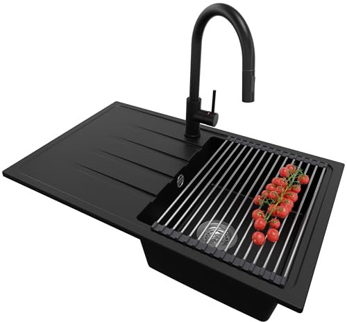 PRIMAGRAN Evier Cuisine en Granit Noir 78x50cm, Lavabo 1 bac + Kit de Vidage + Égouttoir Enroulable, Évier à Encastrer al mueble 45cm - Milan S027