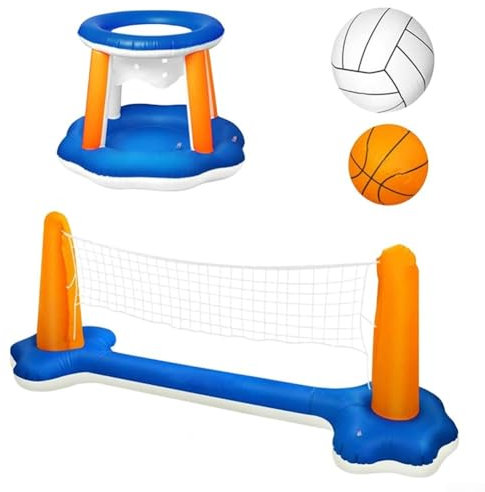 Inflatable Pool Float Set, Volleyball Net And Basketball Hoops, Floating Swimming Game Toy, Summer Floating Pool Game For Kids And Adults