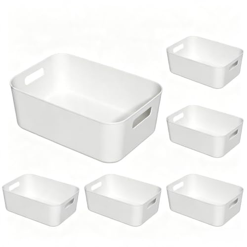 Tyminin 6 Pack White Pantry Organizer Bins, Plastic Containers with Handle | Storage Bin for Kitchen, Freezer, Cabinet, Closet, Bathroom Under Sink Storage