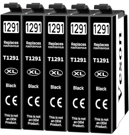 Veson T1291 Multipack Tintenpatronen Kompatible mit Epson WF 3520 Druckerpatronen für Epson T1291 Workforce WF-3540 WF-7515 WF-7525 Stylus SX420W SX525WD SX235W Stylus Office BX635FWD (5 Schwarz)