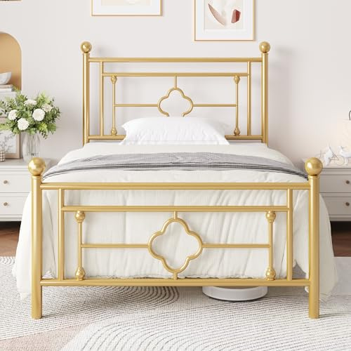 MUTICOR Metallbettgestell 90 x 200 cm mit Kopfteil und Fußteil, Gold | Leinenoptik Bezug, Weiches Kopfteil, 11,5 cm Stauraum, 272 kg Belastbarkeit, Geräuschfrei, Einfache Montage