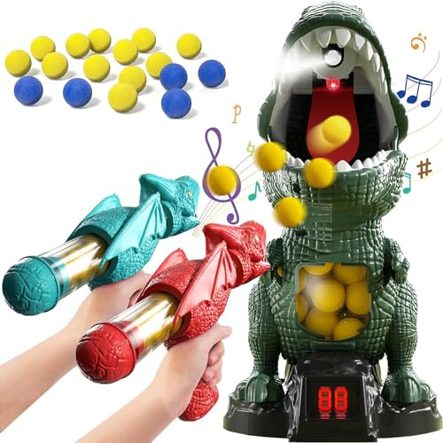 Dinosaur Shooting Game, Movable Target Shooting Games for Kids with 2 Air Pump Launcher & 48 Foam Balls, LCD Score Record, Spray Effect & Sound, Party Favor Toys Gift for Boys Girls