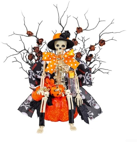 Durashmall Halloween Skelett Kürbis Ornament 13,77 Zoll Tischdeko mit Orange Polka Dot Schleifen Dunkle Rosen und Zweigdetails aus Polyesterschaum und Kunststoff für Innen