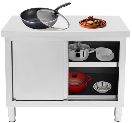 Gdetnysty Banco da Lavoro in Acciaio Inox con Porta Scorrevole, Banco da Lavoro in Acciaio Inox con 3 Livelli, Ampio Piano di Lavoro e Cassetto di Stoccaggio per Cucine Professionali, Ristorazione