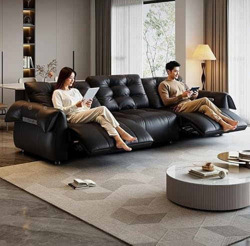 KIBONCY Elektrisches Multifunktionssofa, Wohnzimmer, italienisches einfaches Sofa, Kino, automatisches teleskopisch verstellbares Ledersofa(3.12m)