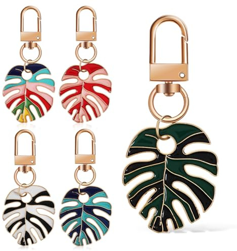 MALUGOGO 5pcs Assorted Color Alloy Palm and Monstera Leaf Key Holders Lightweight Design Comfortable to Touch Plant Leaf Keychains for Bags and Phones