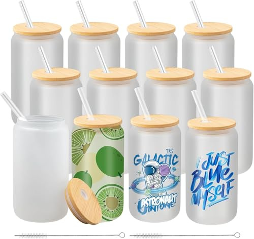 RWFMO Juego de 12 vasos de sublimación de 470 ml, vasos de cristal con tapa de bambú y pajita de cristal, vasos de sublimación para imprimir regalos de bricolaje, café helado y batidos
