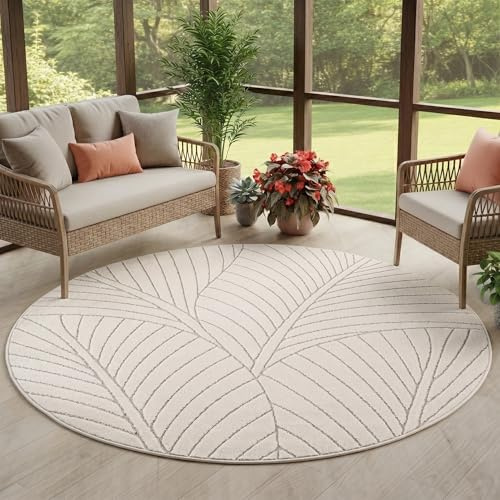 Carpettex Kurzflor Teppich Rund 80 cm Creme, Hoch Tief Effekt 3D, Skandi Boho Design, Balkon Teppich für Küche Flur Wohnzimmer, Indoor Outdoor geeignet