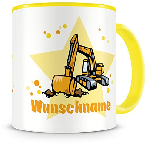Samunshi® Kindertasse mit Namen Tasse Bagger Personalisierte Tasse mit Namen Kinder Kinderbecher mit Namen Kindergarten gelb 300ml
