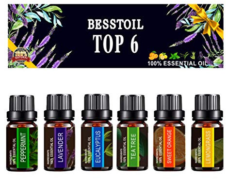 Besstoil Set di Oli Essenziali di TOP6, Set di Oli per Diffusori di Aromaterapia Puro al 100% Puro Terapeutico 100% (Lavanda, Tea Tree, Eucalipto, Lemongrass, Menta Piperita, Arancio dolce)