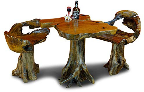 Teak Wurzelholz Sitzgruppe MEZALI mit 2 Stühlen - Massive Gartengarnitur im rustikalen Landhausstil - Die Gartenmöbel eignen Sich auch für Balkon, Terrasse und Wintergarten