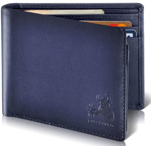 RFID Bifold Leather Wallet for Men with Flip Up ID in Vintage Buffalo Brown, Power Blue - Storm Cloud Blue, S, Modern