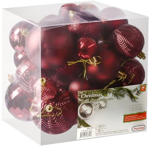 Prextex Wine Red 36-Piece Shatterproof Christmas Balls - Glitter Baubles, Xmas Decorations, Combo of 36 Styles